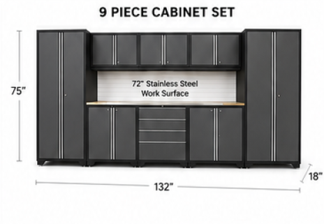 Uromoda 9-Piece set dimensions: 132 inches wide, 75 high, 18 deep, with a 72 inch stainless steel work surface.